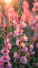 Delicate pink gladiolus flowers captured in the golden hues of sunset, with a dreamy blurred background highlighting their intricate details.