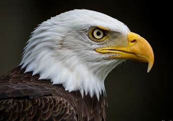 Obraz premium A close-up of a bald eagle in profile, showcasing detailed feathers, sharp yellow beak, and intense yellow eyes, with a dark background and soft lighting.