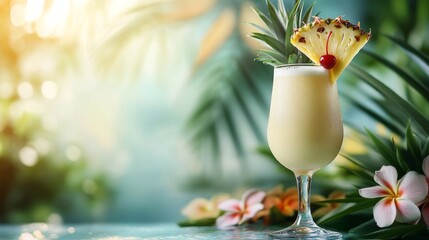 Refreshing tropical cocktail garnished with pineapple and cherry in bright sunlight