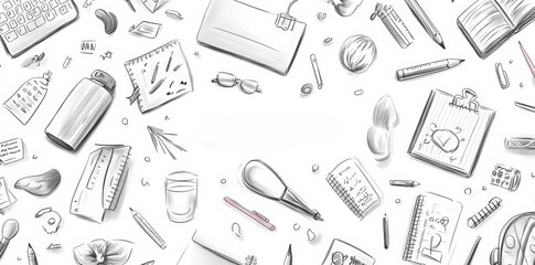 School and education  pattern with pencils, compasses, books, a trophy cup, a laptop computer, and a globe on white paper. 