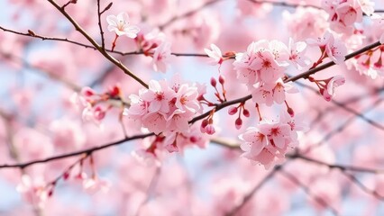 Fototapeta premium Soft pink cherry blossoms sway gently on delicate branches in a serene atmosphere, serene, flower