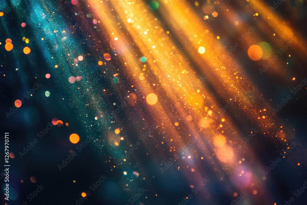 Poster Vibrant golden and teal light rays with bokeh sparkles, creating a magical, festive atmosphere.