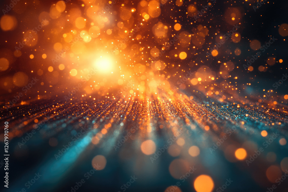 Poster A mesmerizing display of shimmering particles, radiating warm orange and cool teal light, creating a magical, ethereal scene.