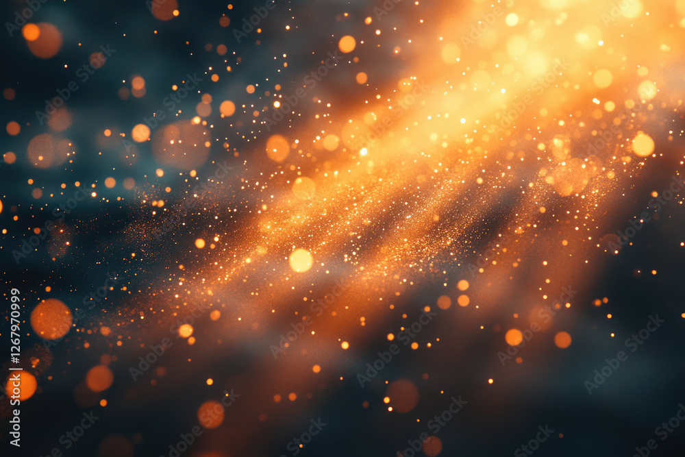 Poster Abstract background with glowing orange and gold particles floating in dark space, creating a magical and dreamy atmosphere.