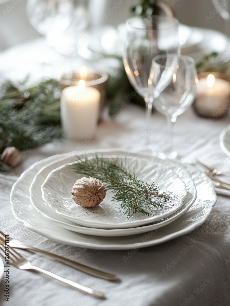 Poster elegant dining setting for a festive gathering with natural decor and soft candlelight. generative a