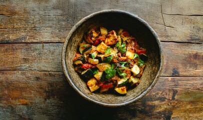 Grilled grilled vegetables in a rustic bowl on a wooden table.