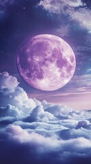 Obraz premium Luminous Violet Moon Over Starry Night with Dreamy Clouds and Shimmering Reflections