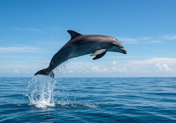 Fototapeta premium A dolphin jumping out of the water with a spray of water, set against a clear blue ocean and sky, creating an energetic and dynamic scene.