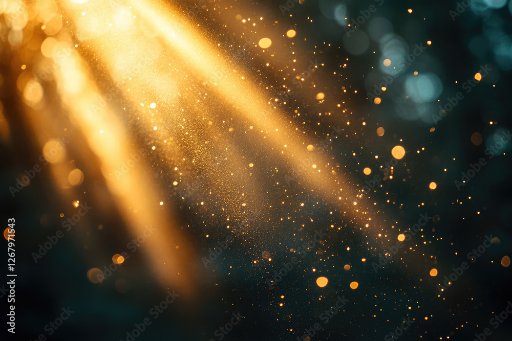 Poster golden light rays illuminate dark background with glittering particles, creating a magical, ethereal
