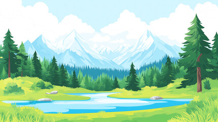 Beautiful Cartoon Landscape with Green Fields, River & Mountains - Nature Illustration for Wallpapers, Storybooks & Digital Art, summer landscape with mountains and green grass