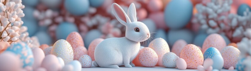 A cute white rabbit surrounded by pastel-colored eggs in a whimsical, vibrant setting, perfect for Easter celebrations.