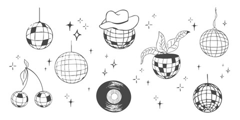 Disco ball doodle line tattoo y2k coquette trendy groovy decoration set. Retro dance party line hand drawn design elements. Disco ball, flower pot, vinyl with stars, sketch