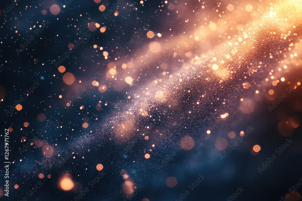 Poster abstract cosmic background with glittering particles and bokeh lights, creating a dreamy, magical at