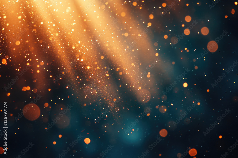 Poster golden light rays illuminate a dark background with glittering particles, creating a magical, ethere