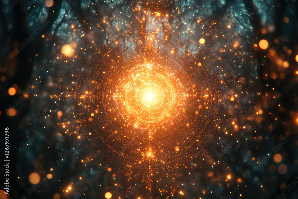 Poster glowing cosmic portal surrounded by dark trees and sparkling particles, a mystical and otherworldly 
