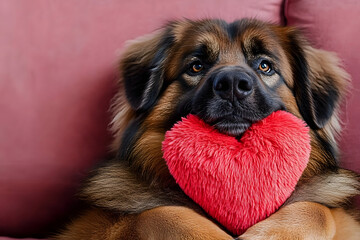 Commercial creative. Cute leonberger doggy with fluffy red heart - emblem of love, funny greeting card. Leonberger - my cherished dog. Cute pets valentine photos. Valentine's day pet love.