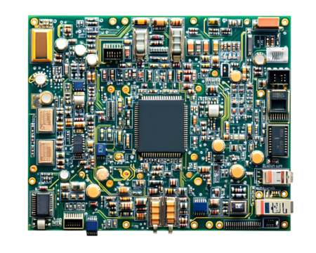 A detailed circuit board with a central chip and intricate electronic components, representing modern technology and engineering.