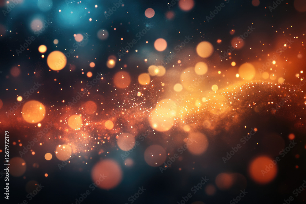 Poster Abstract background with bokeh lights, glowing particles and a blend of orange and blue hues creating a magical, dreamy atmosphere.