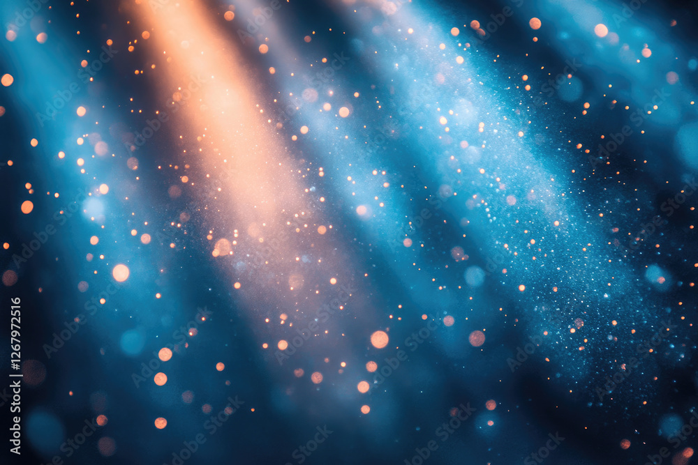 Poster abstract background with blue and orange light beams, sparkling particles, and bokeh effect.