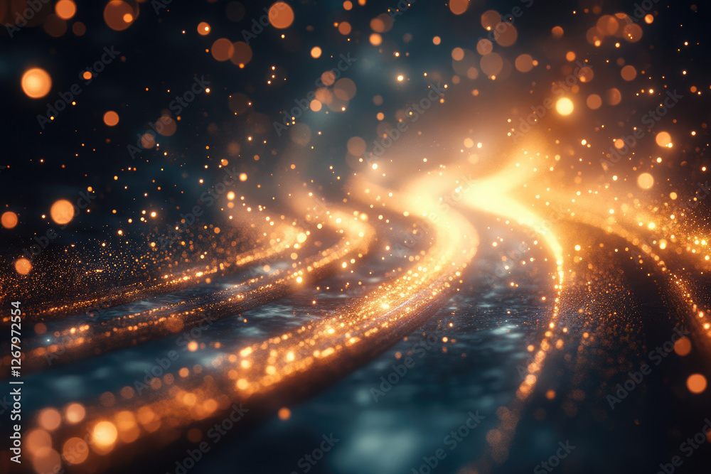 Poster golden light trails swirl across a dark background, creating a magical, ethereal, and abstract scene