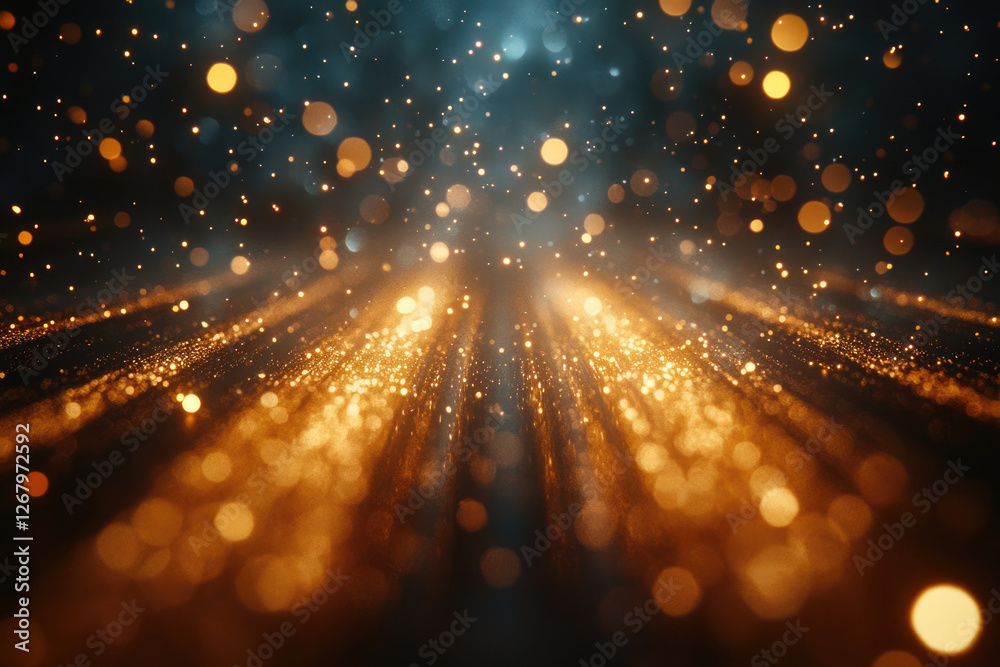 Poster Golden glitter trails converging in a dark background, creating a magical, sparkling effect.