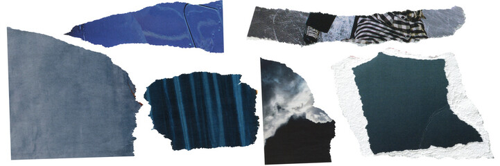 Set of blue torn pieces of magazine. Textured scraps of paper for collage.