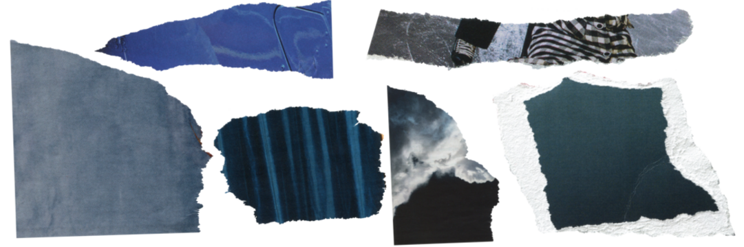 Set of blue torn pieces of magazine. Textured scraps of paper for collage.