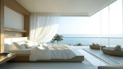 Luxury Beachfront Bedroom with Panoramic Ocean View, Minimalist Design & Cozy Reading Nook