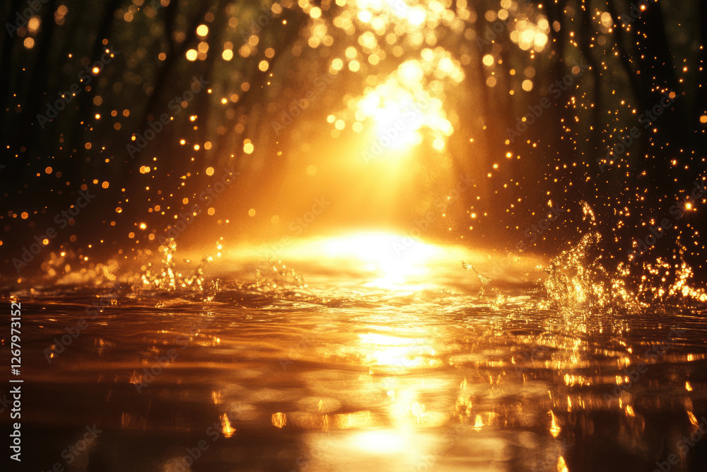 Poster golden sunlight filters through trees, illuminating water droplets splashing on a tranquil river.