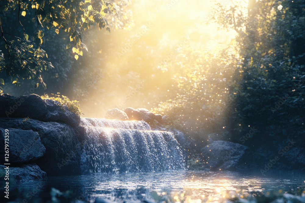 Poster Serene waterfall cascading over rocks in a sunlit forest, creating a magical atmosphere.