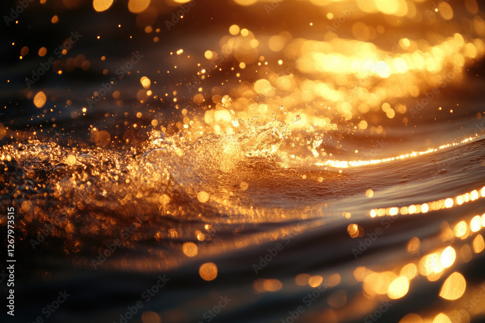 Poster Golden sunlight reflecting on water, creating sparkling bokeh and small waves.