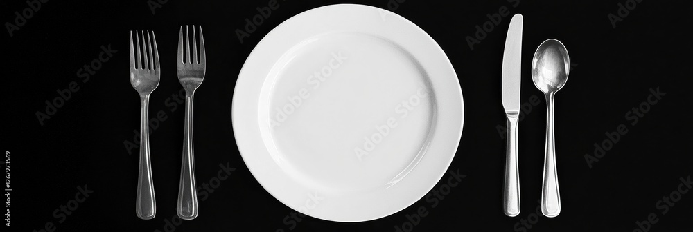 Fototapete Setting a formal table with cutlery and an empty plate on a black background. Generative AI
