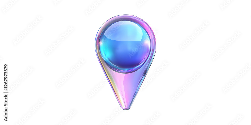 Poster iridescent gradient map pin with glossy surface isolated on transparent background