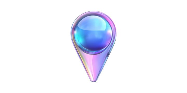 Iridescent gradient map pin with glossy surface isolated on transparent background