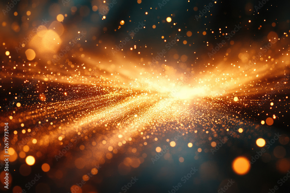 Poster golden sparkles and bokeh lights create a dreamy, cosmic scene, radiating warmth and energy.