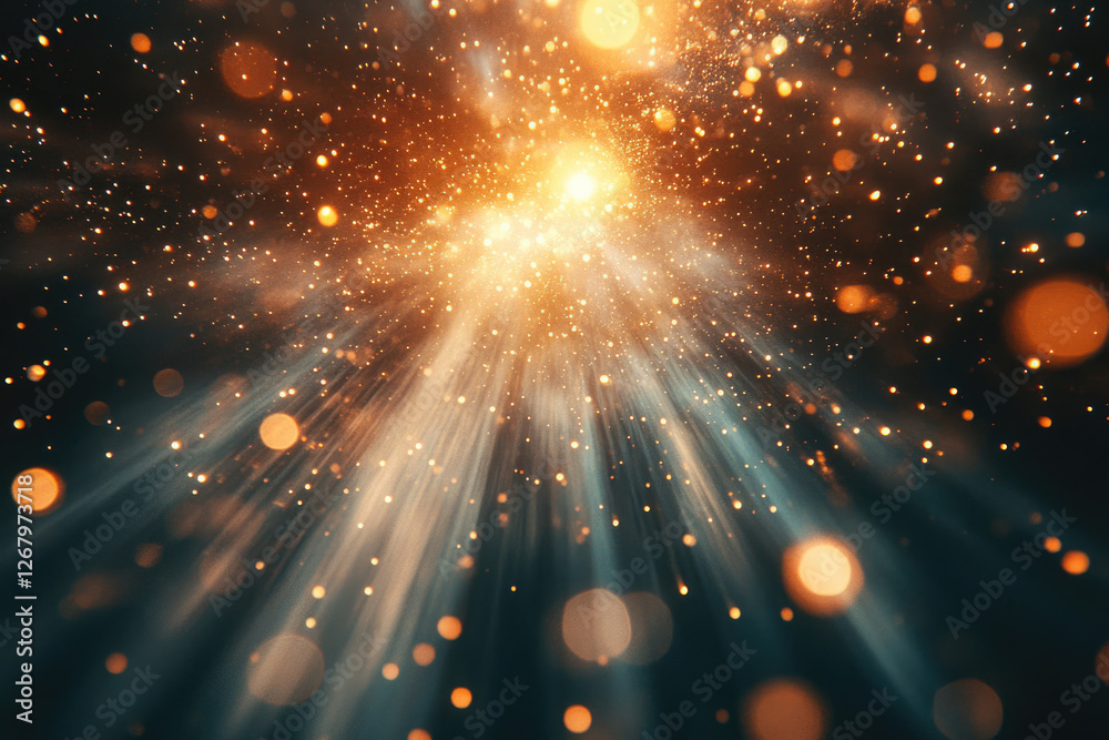 Poster Golden light rays burst from a central point, illuminating a dark space with sparkling dust and bokeh effects.