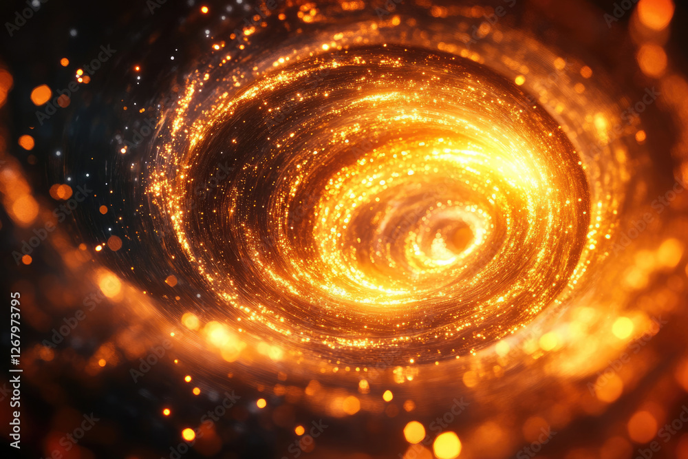 Poster A mesmerizing vortex of golden light and particles swirling into a dark center, creating a cosmic, abstract spectacle.