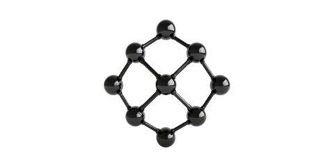 Black molecular structure model with spheres and connections isolated on transparent background
