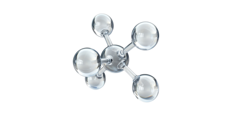 Transparent glass molecular structure with five atoms isolated on transparent background