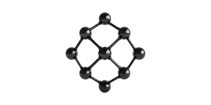 Black molecular structure model with spheres and connections isolated on transparent background