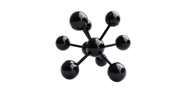 Black molecular structure with spheres and rods isolated on transparent background