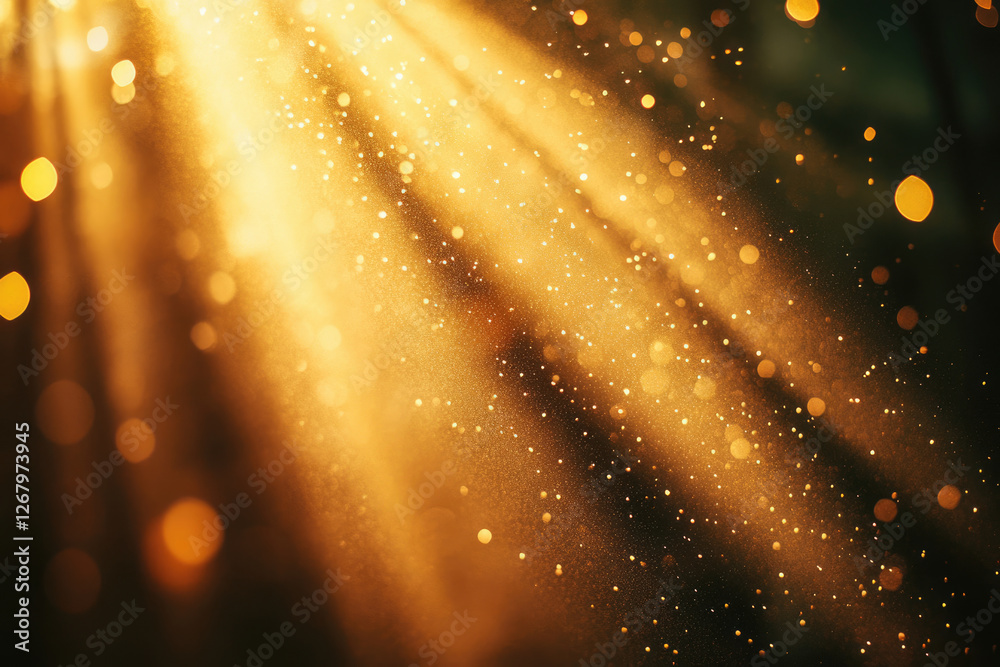 Poster Golden light rays illuminate a dark background, creating a magical, sparkling effect with bokeh.