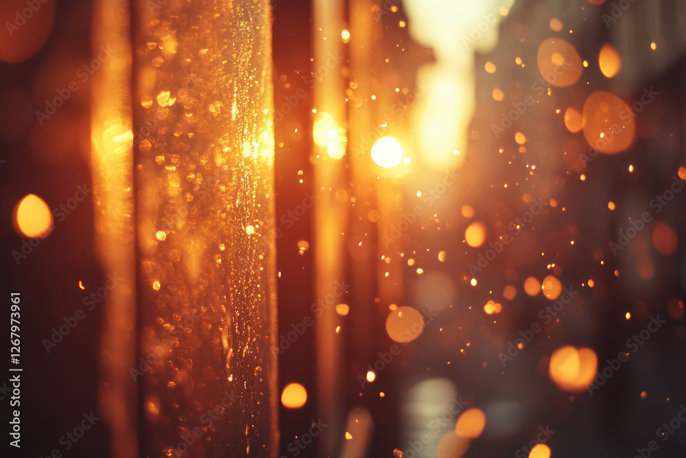 Poster golden hour bokeh effect with sunlit water droplets on a glass surface, creating a warm, magical atm