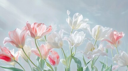 Elegant Pink and White Tulips on Soft Blue Background &ndash; Minimalistic Floral Composition with Natural Light and Copy Space