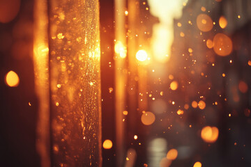 Golden hour bokeh effect with sunlit water droplets on a glass surface, creating a warm, magical atmosphere.