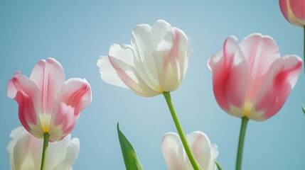 Fototapeta premium Elegant Pink and White Tulips with Soft Pastel Background, Minimalist Floral Composition with Copy Space