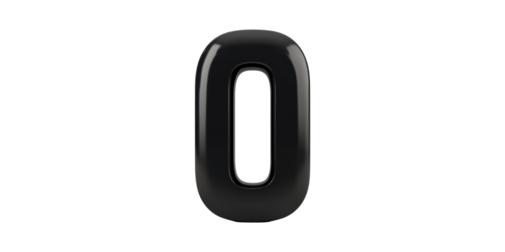 Shiny black number zero isolated on transparent background