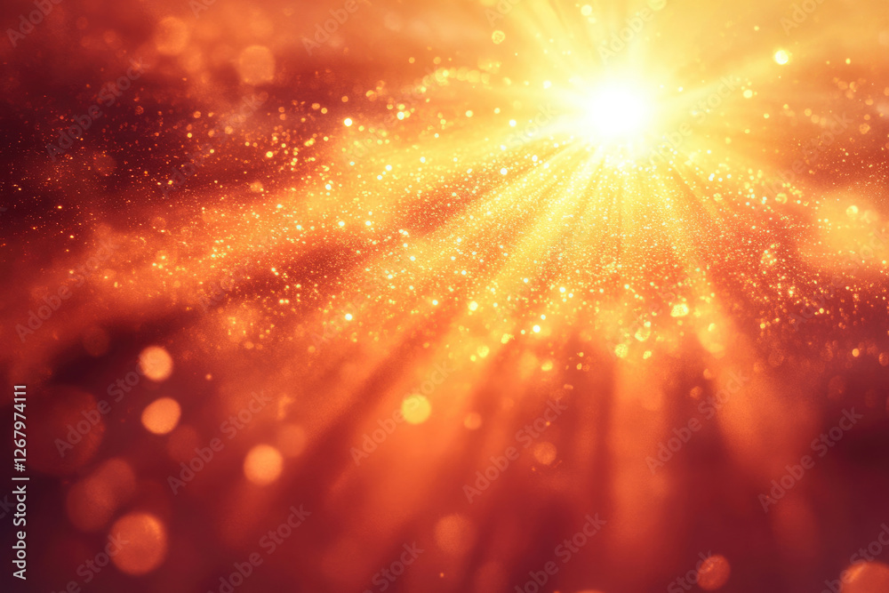 Poster golden light rays burst through glittering particles, creating a radiant and magical scene.