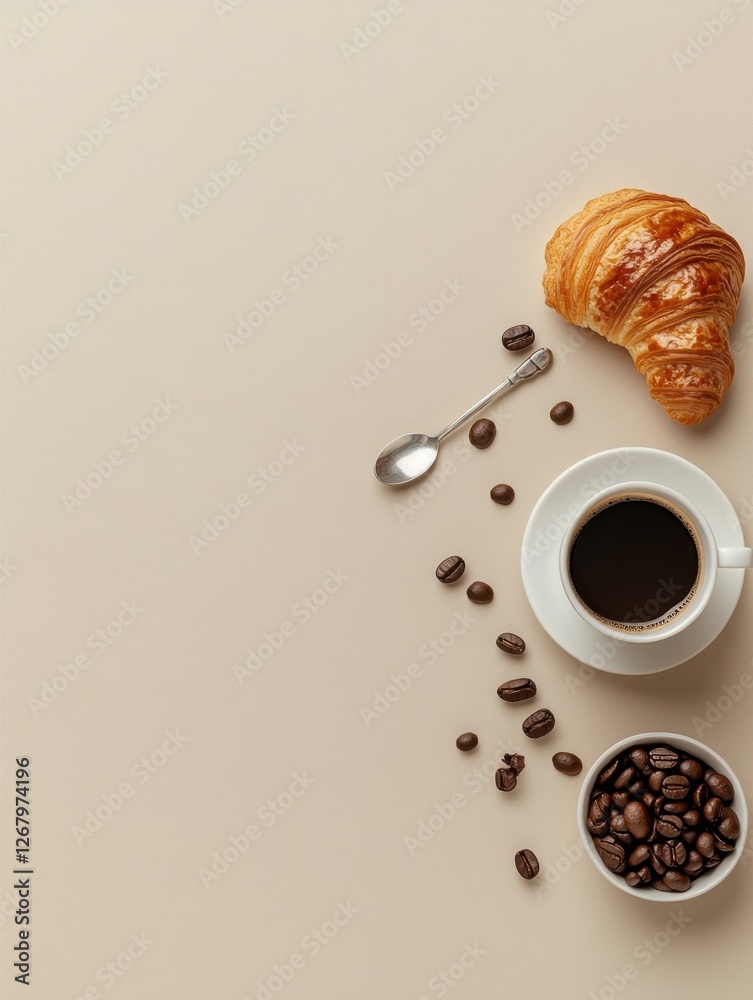 Poster delicious coffee and pastry arranged in a flat lay for an inviting morning experience. generative ai