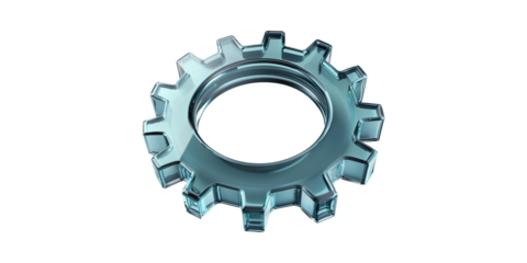 Transparent glass gear with reflective surface isolated on transparent background